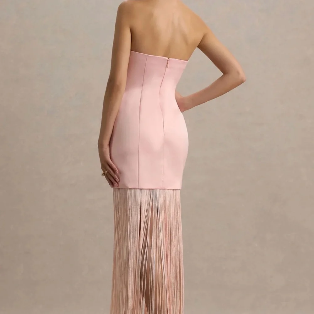 Club L London Blush Pink Satin Bandeau Maxi Dress With Fringe - Picture 6 of 10